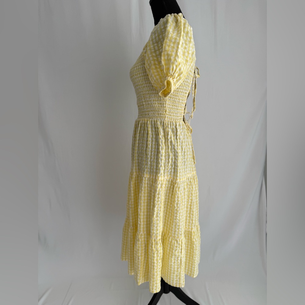 NWT Yellow Gingham Smocked Midi Dress Puff Sleeve Cottagecore Resort Vacation M - Picture 12 of 17